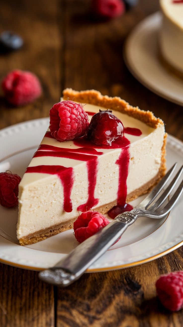 Slice of creamy no-bake cheesecake on a plate, topped with raspberry sauce and fresh berries.